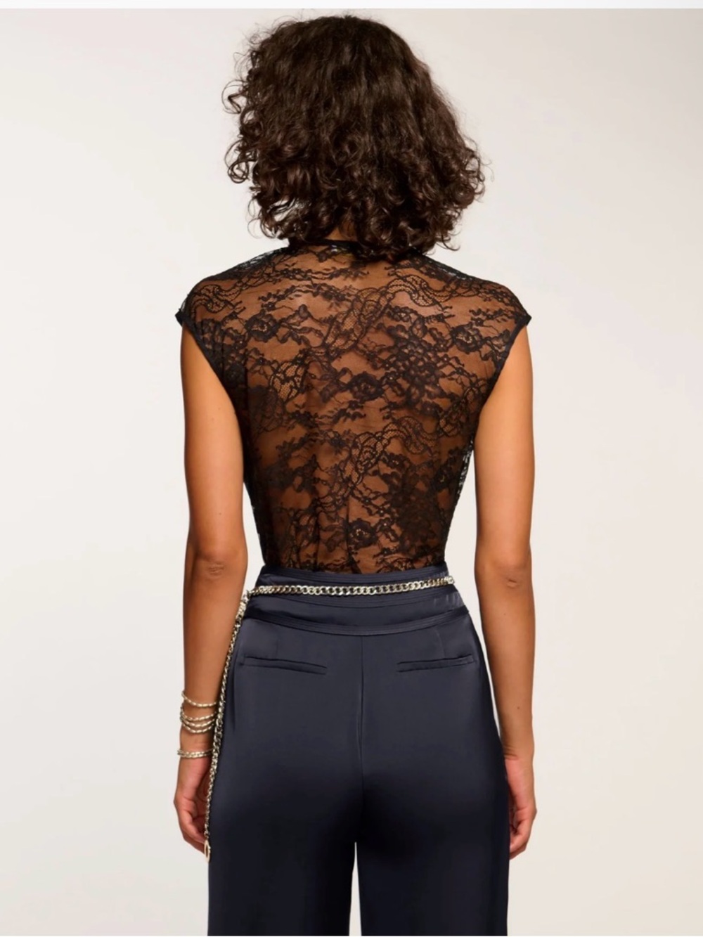 RAMY Brook Winston Sheer Black Lace Cap-Sleeve cowl neck navy blue tank top NEW